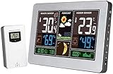  CAFFIA Station météorologique sans Fil, hygromètre de thermomètre extérieur intérieur avec capteur, Affichage Tactile à écran LCD, Poste de prévision avec Calendrier et rétroéclairage réglable (Color