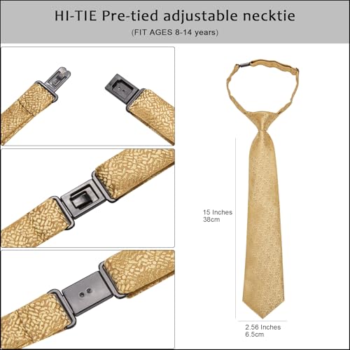 Image of Hi-Tie Boys Tie Pre-Tied Pocket Square Set Adjustable Kids Neckties Age 7-11 Years School UniForm Graduation