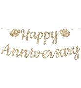 Pre-Strung Happy Anniversary Banner - No DIY Gold Glitter Anniversary Sign Wedding Anniversary Ba...