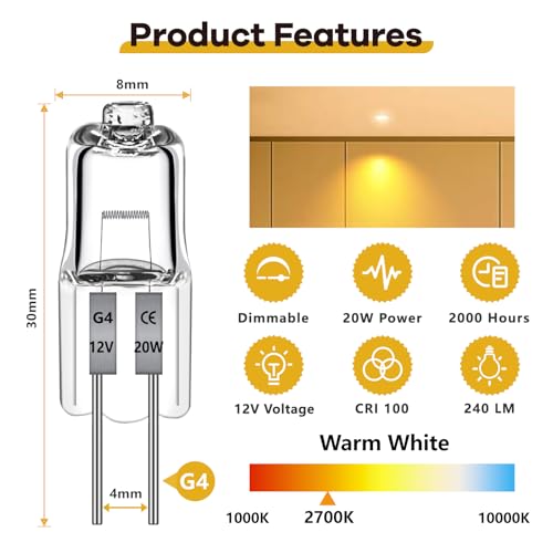 Morotty 12 Stück G4 Halogenglühbirne 20W 2700k warmweiß 240LM, Halogenlampe G4 20w 12V bis 300C, Halogen Dimmbar Warmweiß für Dunstabzugshauben, Öfen, Mikrowellen
