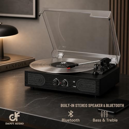 Image of Vinyl Records Player with Bulit-in Stereo Speaker Bass & Treble Tone Control 3-Speed Belt-Driven Turntable for 6-Sizes Records Support RCA & Headphone Ouput, AUX Input