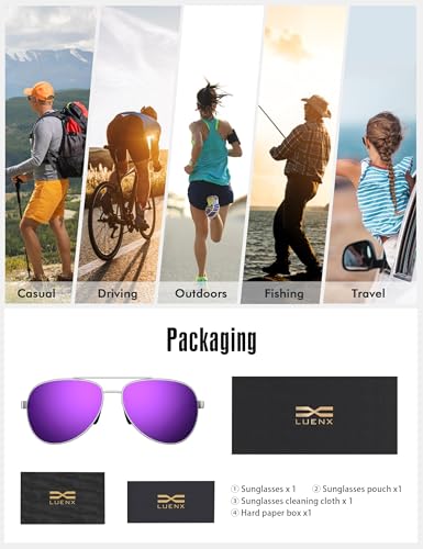 Image of LUENX Aviator Sunglasses for Men Women Polarized - Mirrored Driving uv 400 Protection(Purple Mirrored)