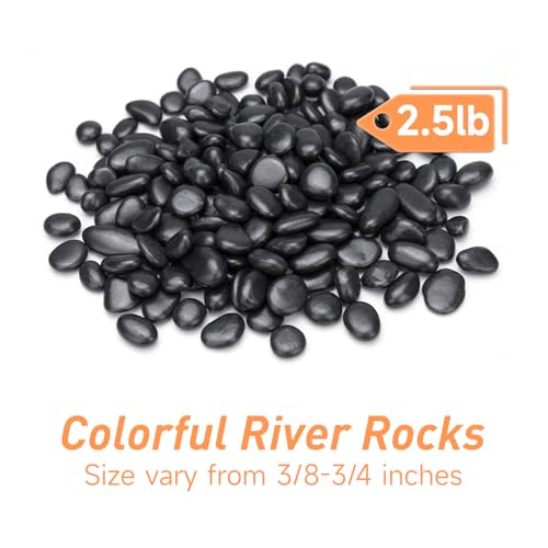Image of Pulovin 2.5 lbs Black Pebbles for Indoor Plants, Succulent, Bamboo, Vase, 3 /8 inch Plant Rocks for Pots Indoor, Small River Rocks Decorative Pea Gravel, Highly Polished