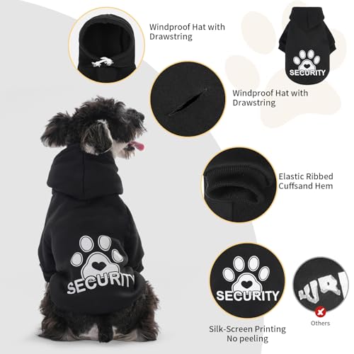 Image of BEAUTYZOO Security Dog Hoodie Sweaters for Small Medium Large Dogs, Brushed Fleece Dog Clothes with Hat,Soft Winter Fall Coat All Weather Pullover, Classic Halloween Costume with Leash Hole, Black S