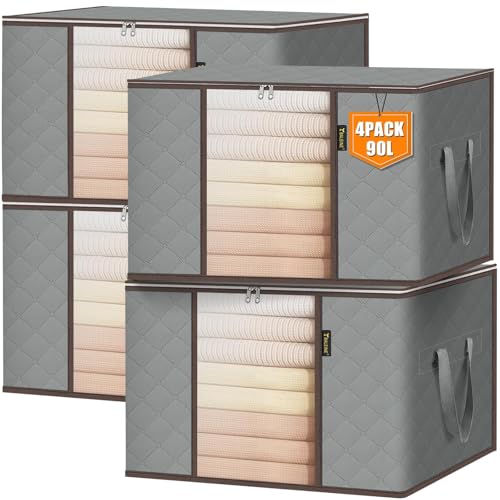 BALEINE 4 Pack Clothes Storage Bags, 24 Gallon Storage Containers with Reinforced Handle, Sturdy Zipper, Closet Organizer for Blanket, Comforter, Pillow, Bedding (Grey, 4 Pack) 4 Pack-24 Gal