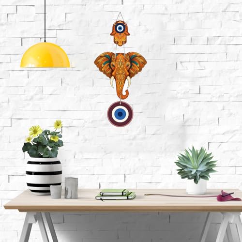Image of GiftOday Designer Elephant Wooden Wall Hanging for Home Decor | Hamsa Hand Decoration for Livingroom | Modern Artworks Items | Peace Charm Door Accent Decorative Hangings (Design 2)
