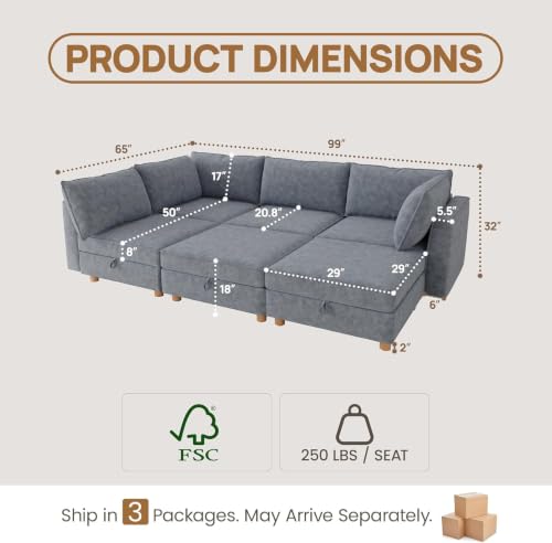 Image of 99 inch Chenille Modular Sofa Bed with Washable Covers & Storage, 6-Seater Modular Sectional Sleeper Sofa Bed with Movable Ottoman Chaise, Convertible Sleeper Sectional Couches for Living Room, Gray