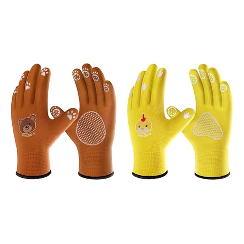 COOLJOB Breathable Toddler Work Gloves for Gardening Boy Girl Ages 4-6 Medium, Nylon Kids Garden Gloves with Grip, Children Yard Gloves for Digging Weeding Landscaping, Yellow & Brown, 2 Pairs