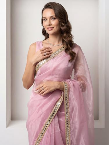 Image of AKHILAM Women's Shimmer Net Solid Saree With Unstitched Blouse Piece
