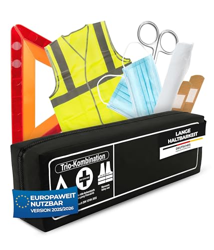Thomatex® KFZ Kombitasche (3in1) 2025/2026 [DIN 13164-2022] – Lange Haltbarkeit – Erste-Hilfe-Set mit Warndreieck & Warnweste – Schwarz
