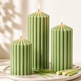 Citronella Candles for Patio, Set of 3 Ribbed Sage Green Pillar Candles for Summer Outdoor,Soy Wax Modern Boho Home Decor Pillars,Aesthetic Candle Gift Set for Garden and Indoor Use