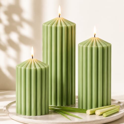 Citronella Candles for Patio Set of 3 Ribbed Sage Green Pillar Candles for Summer Outdoor Soy Wax Modern Boho Home Decor Pillars Aesthetic Candle Gift Set for Garden and Indoor Use