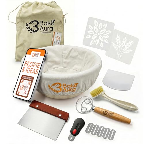 Bake Aura Bread Maker Sourdough Starter Kit with 9In Large Rattan Basket, Dough Scraper, Dough Whisk, Sourdough Bread Baking Supplies – Natural Indonesian Rattan – Splinter Free and Food Safe