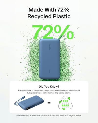 Belkin Batterie Externe USB-C 20 000 mAh, Power Bank avec 2 Ports Type C et 1 Port USB-A (écran numérique, 20 W, pour Tous Les modèles de l'iPhone 16, Samsung Galaxy S25, Pixel 9, iPad, etc., Bleu)