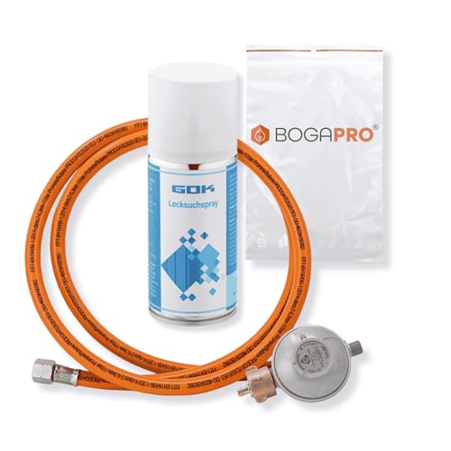 BOGAPRO Gasdruckregler 30 mbar Set, Gasdruckminderer mit 1, 5 m Gasschlauch, 1/ 4″ Linksgewinde, für Propan/ Butan- Gasflaschen (5/ 11/ 33 kg), CE, EN 16436- 1 Schlauch, inkl. Lecksuchspray, Polybeutel