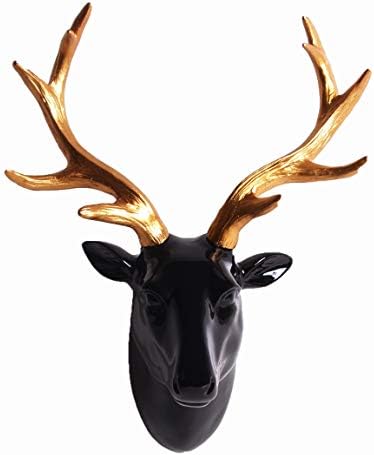 SAC SMARTEN ARTS Animal Head Wall Decor, Glossy Black Faux Resin Deer Head with Gold Antlers for Wall Mount Decoration, Size 10" x 5" x 12"