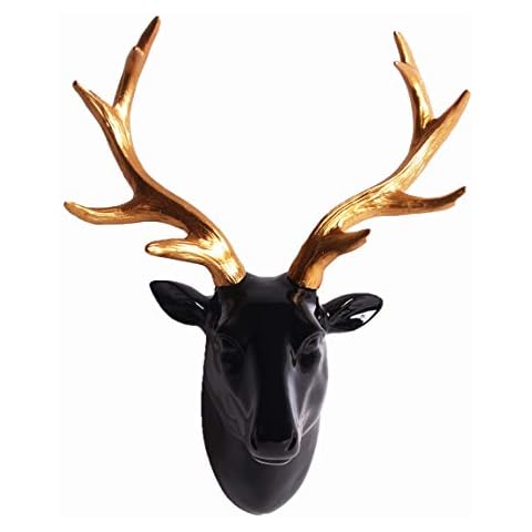 SAC SMARTEN ARTS Animal Head Wall Decor, Glossy Black Faux Resin Deer Head with Gold Antlers for Wall Mount Decoration, Size 10" x 5" x 12" Cover