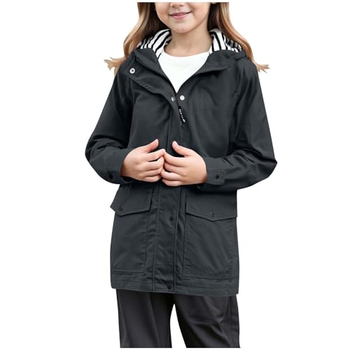 Girls Rain Jacket Waterproof Windproof Hooded Windbreaker Preppy Solid Full Zip Button Down Raincoats with Pockets