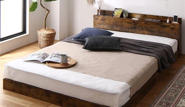 ベッド ダブル 国産ポケットコイルマットレス付き(レギュラー) ブラック 低床 すのこ 宮付き 棚付き コンセント付き ローベッド 組立品 ｜RASIK ベッド ダブル ステージ無しタイプ 国産ポケットコイル