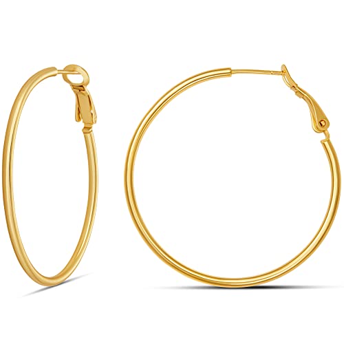 Amazon Essentials 14K Gold Plated Sterling Silver Hoop Earrings, Lightweight Paddle Back Closure, 40mm (1.5