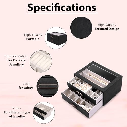 Image of BucketList Premium PU Leather Jewellery Organizer Box with Glass Lid | 2 Pull-Out Drawers Multi-Compartment Storage for Rings, Earrings, Necklaces & Bracelets (2-Layer Jewelry Box (Black))