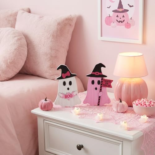 Valery Madelyn Pink Halloween Decor, Set of 2 Cute Halloween Ghost Decor, Witch Hat Boo & Trick or Treat Wooden Tabletop Signs for Home, Shelf, Tiered Tray Party Display, 5 Inch - image 7