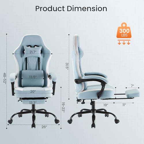 Image of DUMOS Gaming Chair with Linkage Armrests, Video Game with Pocket Spring Cushion, Ergonomic Computer Silla Gamer Office Desk Chair with Footrest for Adults & Students, Blue