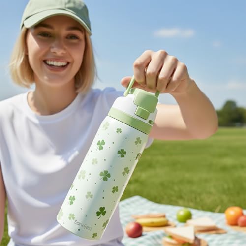 Image of Shamrock Insulated Stainless Steel Water Bottle with Straw for Sports and Travel, 32oz, Gifts for Irish Women Girls Friends Teens Birthday Christmas St Patricks Day