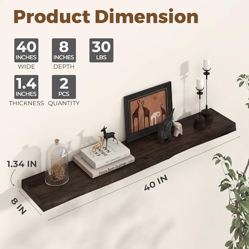 Image of Axeman 40 inch Floating Shelves for Wall Live Edge, Walnut | 8'' D Rustic Solid Elm Wood, Wall Mounted, Wall Shelves, Invisible Bracket, Living Room Bedroom Kitchen