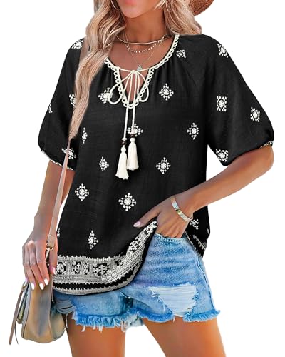 Cerrlop Tunika Sommer Große Größen: Vintage Bohemian Stickerei Blusenshirt - Oberteil Damen Übergröße Kurzarm - Blumendruck Lose Hemd Kurzarm