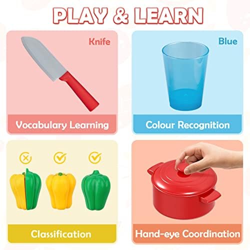 GILOBABY Kids Kitchen Pretend Play Toys, Role Play Toy Kitchen Accessories with Cookware Pots&Pans Set, Cooking Utensils, Apron&Gloves, Cutting Vegetable Food for Kids Toddler Girl Boy Age 3,4,5,6,7,8