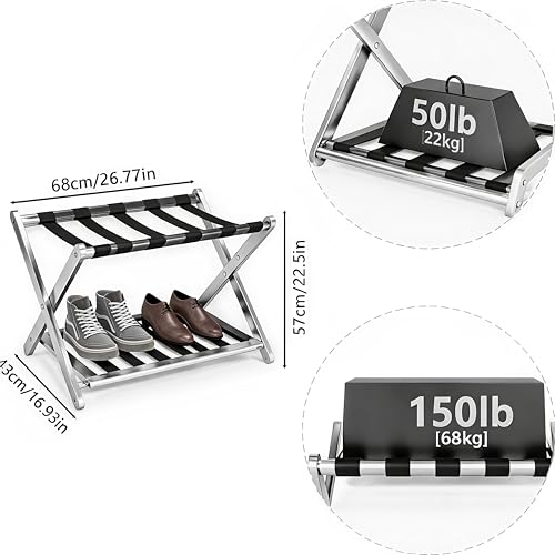 Image of Stainless Steel Folding Luggage Rack for Guest Room Foldable luggage Racks for Suitcase Stand with Nylon Straps, Luggage Stand Double Tiers SS Luggage Holder with Shelf for Bedroom, Hotel, No Assembly Required (Stainless Steel Luggage Rack 2 piece)