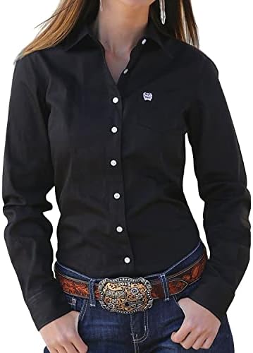 Cinch Women's Solid Long Sleeve Shirt, Black, M