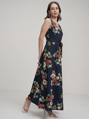 Image of Tokyo Talkies Women's Elegant Blue Printed Maxi Dress with Sleeveless Style Perfect for Casual & Semi-Formal Occasions