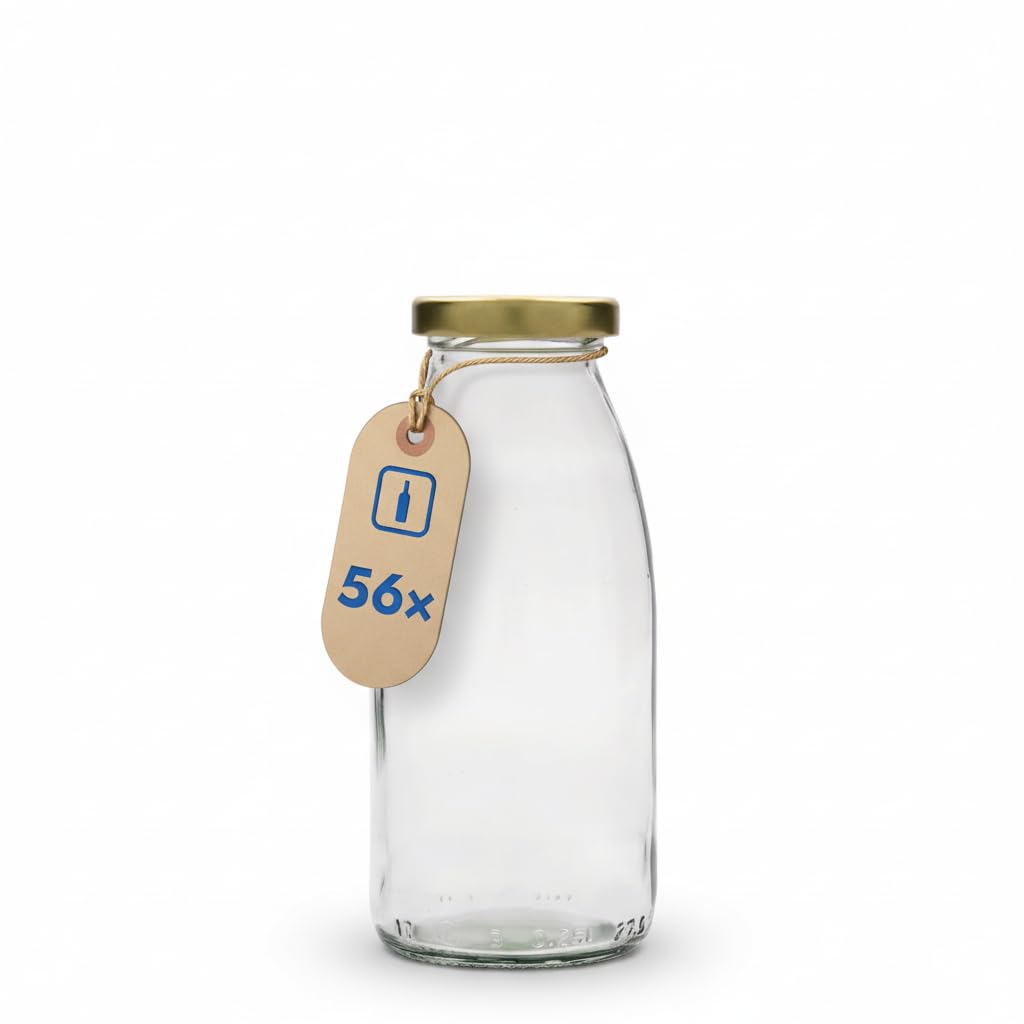 56 Glasflaschen 250 ml, leere Saftflaschen mit goldenem Schraubverschluss, zum Selbstbefüllen für Säfte, Smoothies, Milch, Tees oder Saucen