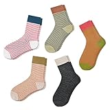 FIYIGO 5 Pairs Spliced Striped Crew Socks,Vintage Cute Athletic Aesthetic Cotton Crew Socks for Women and Girls