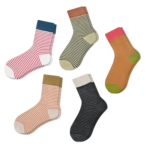 FIYIGO Striped Crew Socks for Women Cotton Cute Casual Retro Novelty Crew Socks 5 Pairs