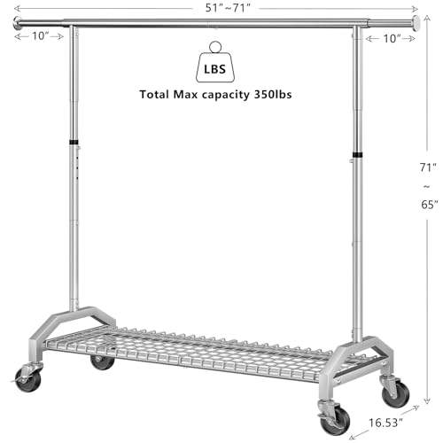 Wiracks Clothes Rack for Hanging Clothes 350lbs Heavy Duty Clothing Rack 51 to 71" W x 16.53" D x 65" to 71" H Adjustable Rolling Clothes Rack Coat Rack Garment Rack 3" industrial Wheels Silver — view 2