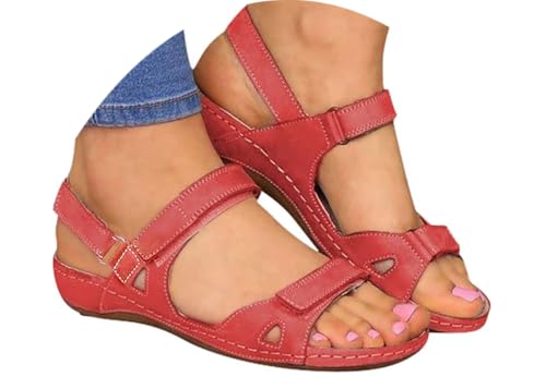 Walking Sandals, Sandals for Women Shoes Womens Orthopedic Women's Sandals & Slides Arch Support Summer Slip on Ladies Wedge Wide Fit Walking Platform Beach Sliders Red 6.5