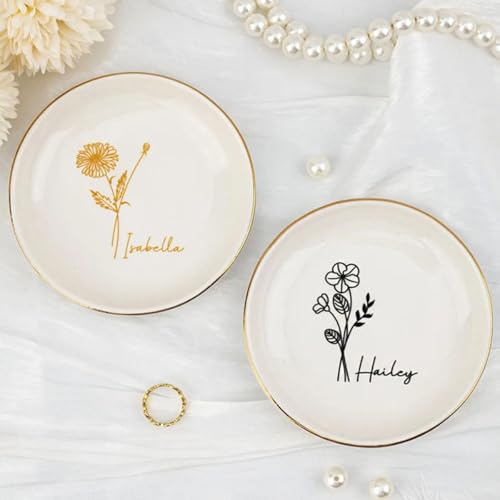 Prato de anel personalizado com flor de nascimento, prato de joalharia de cerâmica em forma de coração personalizado, presente de casamento, lembrança de despedida de solteira