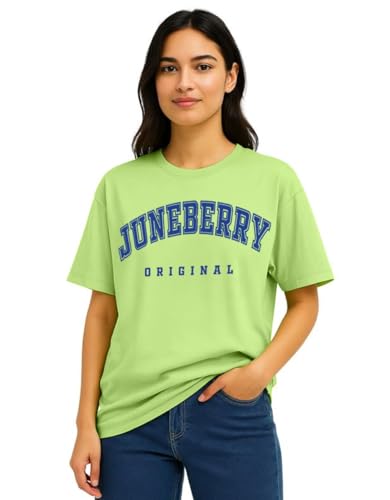 Image of JUNEBERRY Pure Cotton Oversized Drop Shoulder Brand Logo Typography Print Round-Neck Baggy Fit T-Shirt for Women (Available in Navy, Green & Pink Colors)