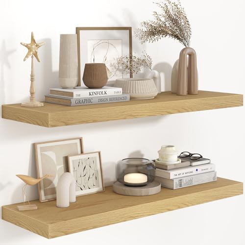 36 Inch Long Floating Shelves for Wall, 9.3 Inch Deep Floating Shelf with Heavy-Duty Bracket, 2 Pack Long Shelves for Bathroom, Living Room, Bedroom, Wall Mounted Storage Shelf for Books Decor, Oak