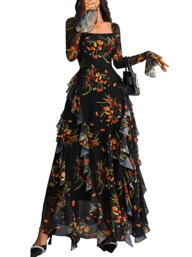 GothDark Boho Maxi Dress Formal Gowns and Evening Dresses Elegant Classy Floral Dress with Sleeves Black Small Fits US Size 4