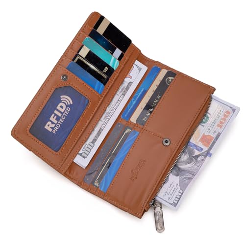 Image of Wrangler Brown Quilted Wallets for Women Slim Bifold Wallet Women RFID Wallets, Card Cases & Money Organizers Ladies Female Minimalist Travel Wallet with Smooth Zippers