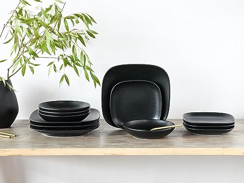 CreaTable, 16817, Serie Magic Black Square, 12-teiliges Geschirrset für 4 Personen, Tellerset aus Steinzeug, spülmaschinen- und mikrowellengeeignet, Made in Europe