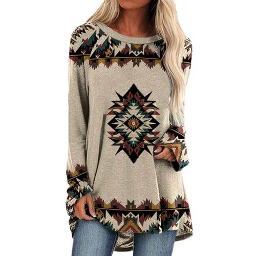 Spatofa Aztec Print Sweatshirts Women Western Shirts Ethnic Graphic Pullover Top Vintage Long Sleeve Blouses Aztec 14 M