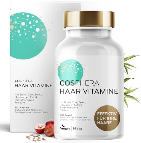 Cosphera Haar-Vitamine - Hochdosiert mit Biotin, Selen und Zink als Beitrag zum Erhalt normaler Haare. Plus Folsäure & Hirse Samen Extrakt (reich an Silizium) - 120 vegane Kapseln im 2 Monatsvorrat.