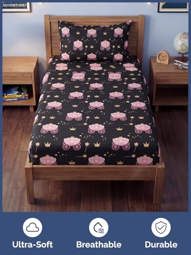 Image of Kids Twin Size Princess Carriage Bed Sheets - 3 Piece Kids Sheet Set | Princess Carriage Themed Bedding, Ultra-Soft, Cute & Cozy, Breathable & Machine Washable, Bed Set for Boys, Girls & Teens