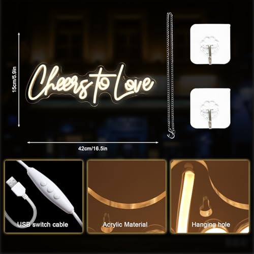 Image of Lucunstar Cheers to Love Neon Sign Wedding Neon Sign Led Lights for Room Warm White Wall Decor Light Sign for Wedding USB Powered Sign Decor 16.5 inchX5.9 inch