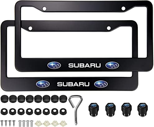Black License Plate Frames for Subaru, 2PCS Car License Plate Bracket Holder, Premium Aluminum Alloy Weather Proof License Plate Covers with Screw Caps Cover Set Car Accessories